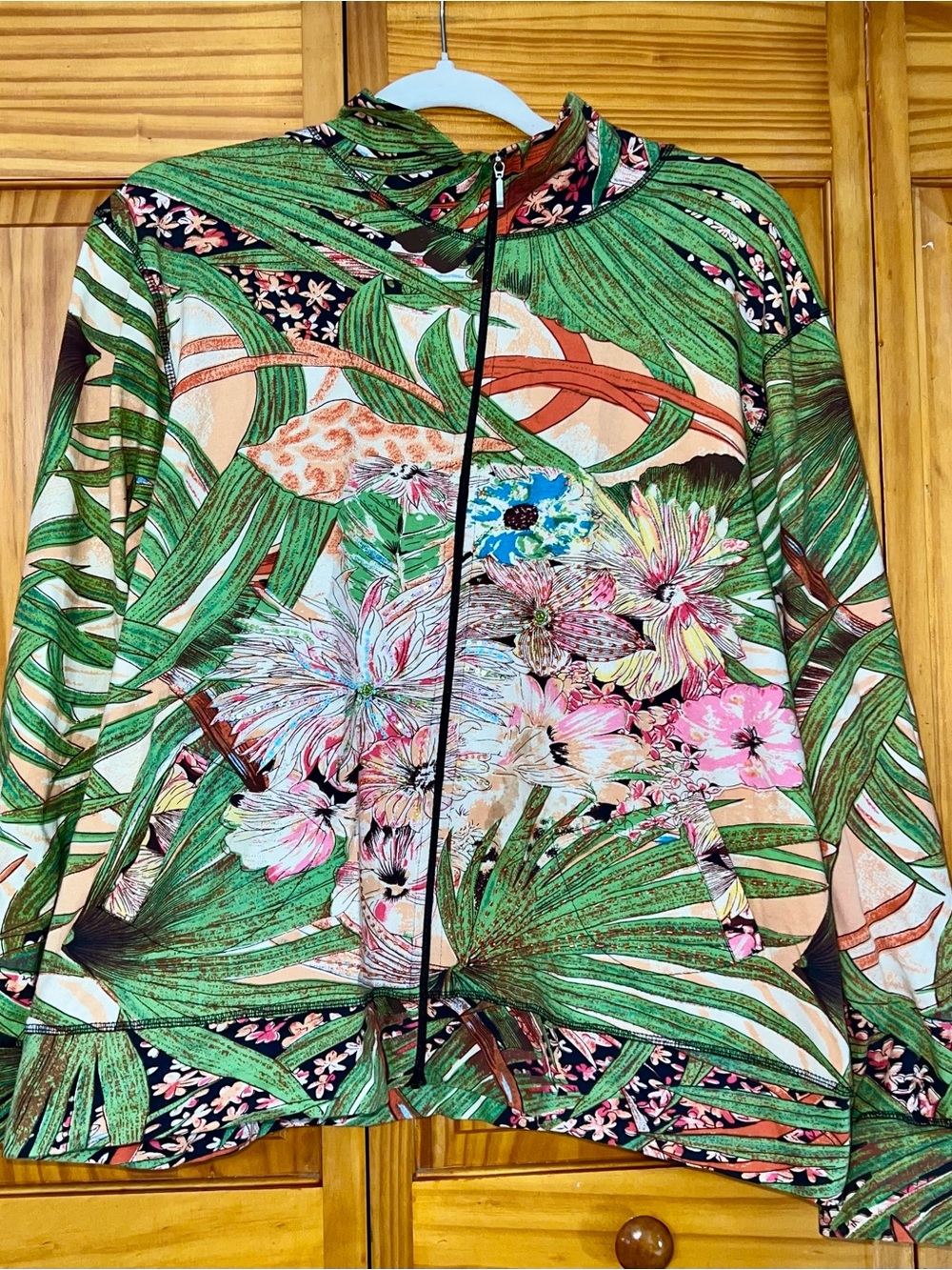 Multiples Green Multi Tropical Floral Zip Front Bomber Jacket